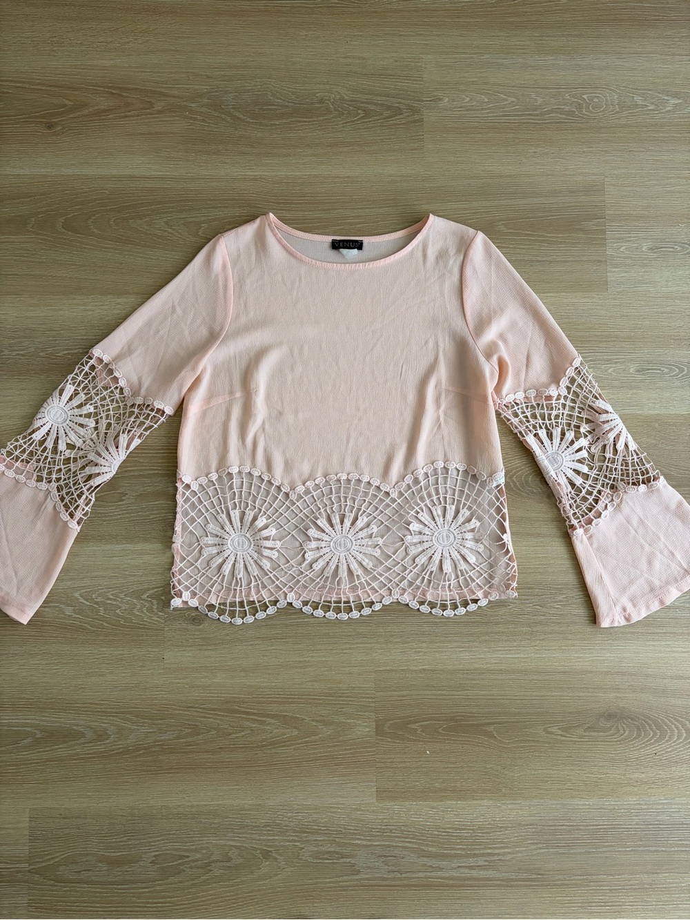 VENUS Pale Pink Crochet-Trim Bell Sleeve Top